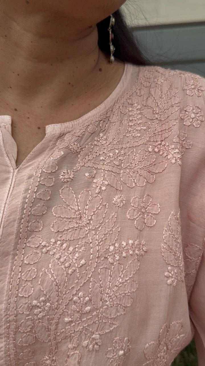 DUSKY ROSE MUSLIN CHIKANKARI KURTI