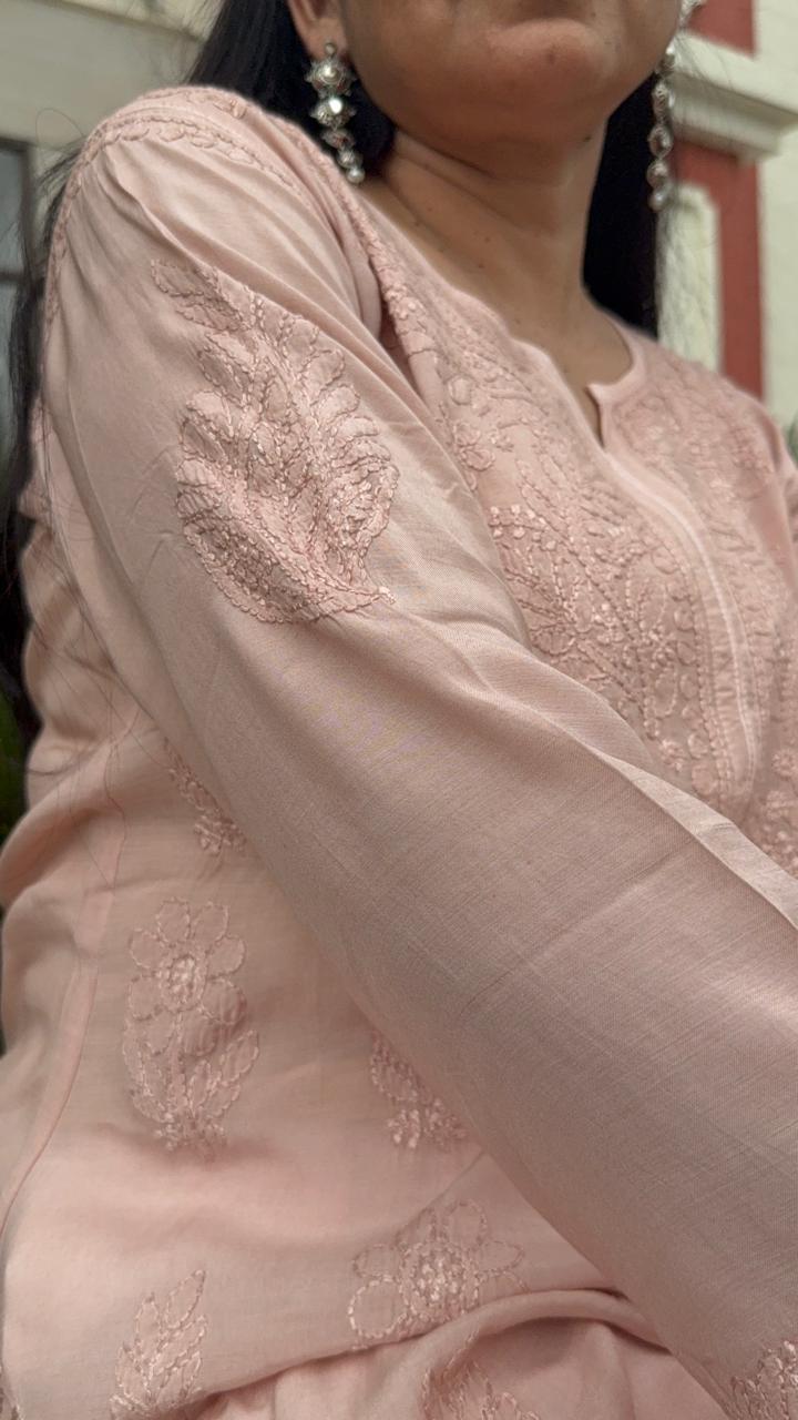 DUSKY ROSE MUSLIN CHIKANKARI KURTI