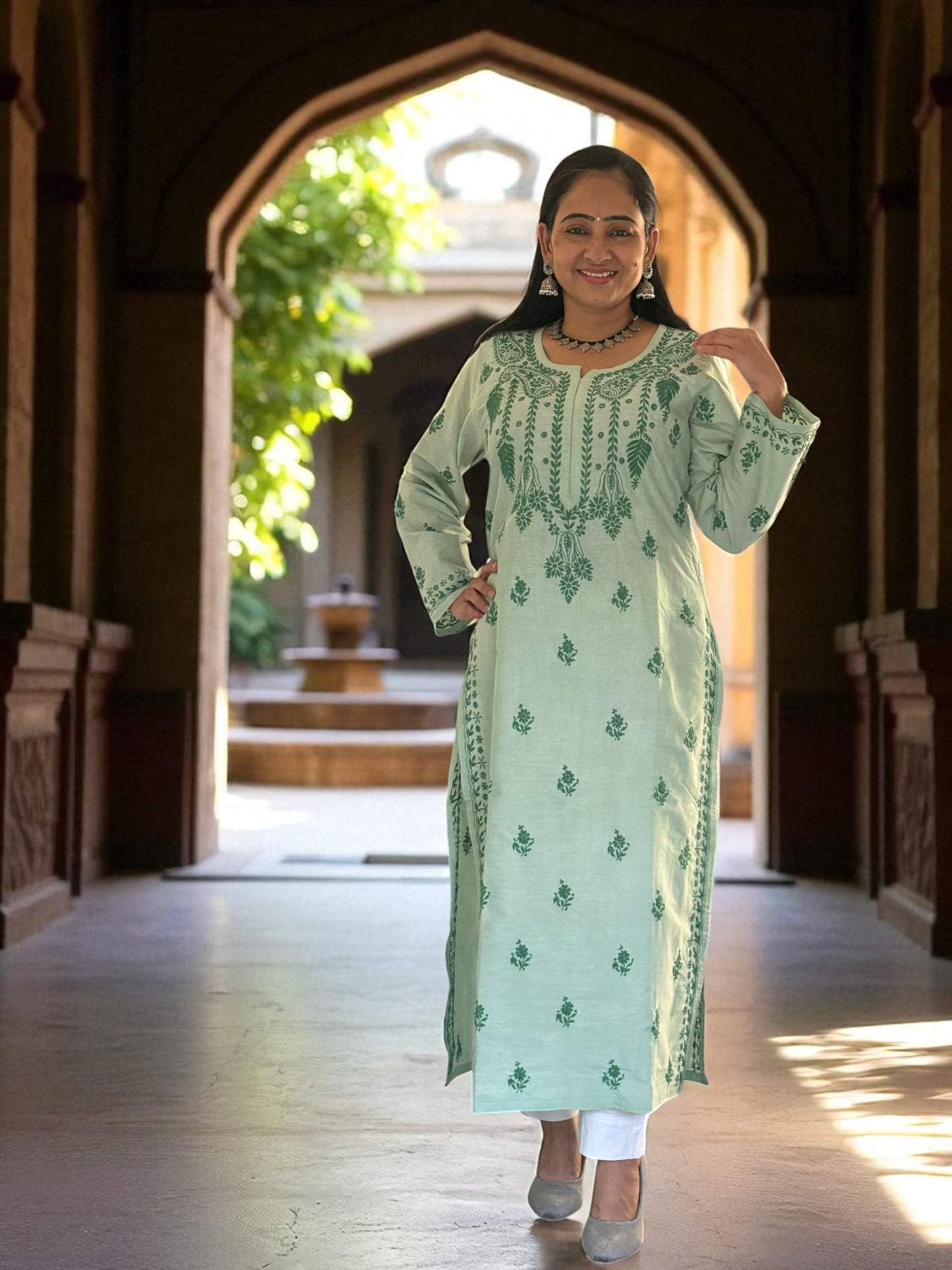 RAJASI PASTEL GREEN HAND-EMBROIDERED CHIKANKARI KURTA