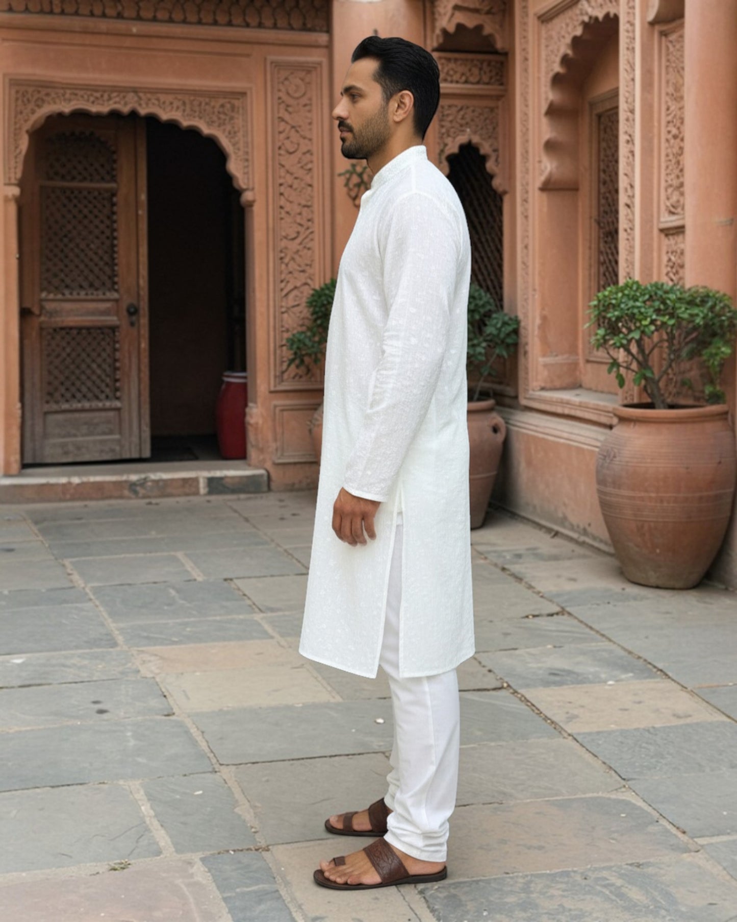 AUTHENTIC LUCKNOWI CHIKANKARI MEN’S KURTA IN PURE WHITE COTTON