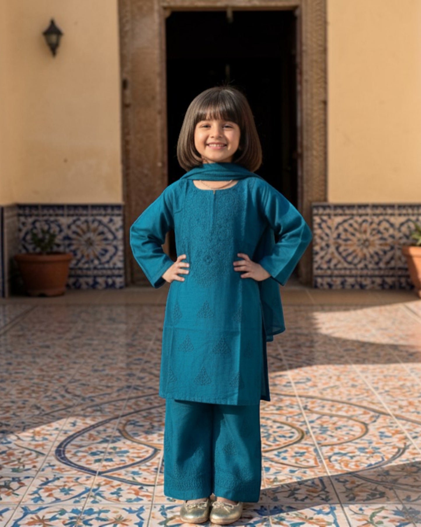 GIRLS CHANDERI SILK CHIKANKARI KURTA SET