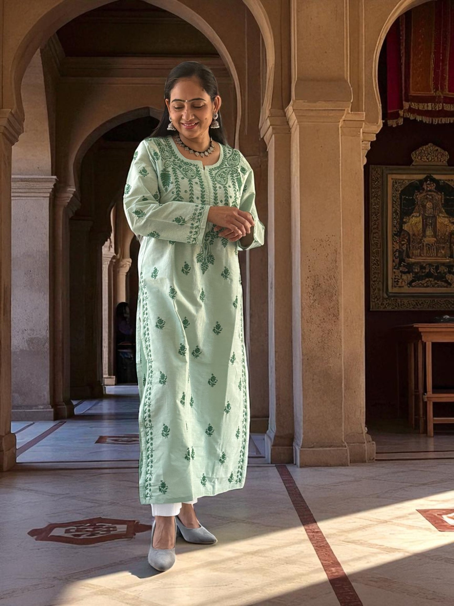 RAJASI PASTEL GREEN HAND-EMBROIDERED CHIKANKARI KURTA