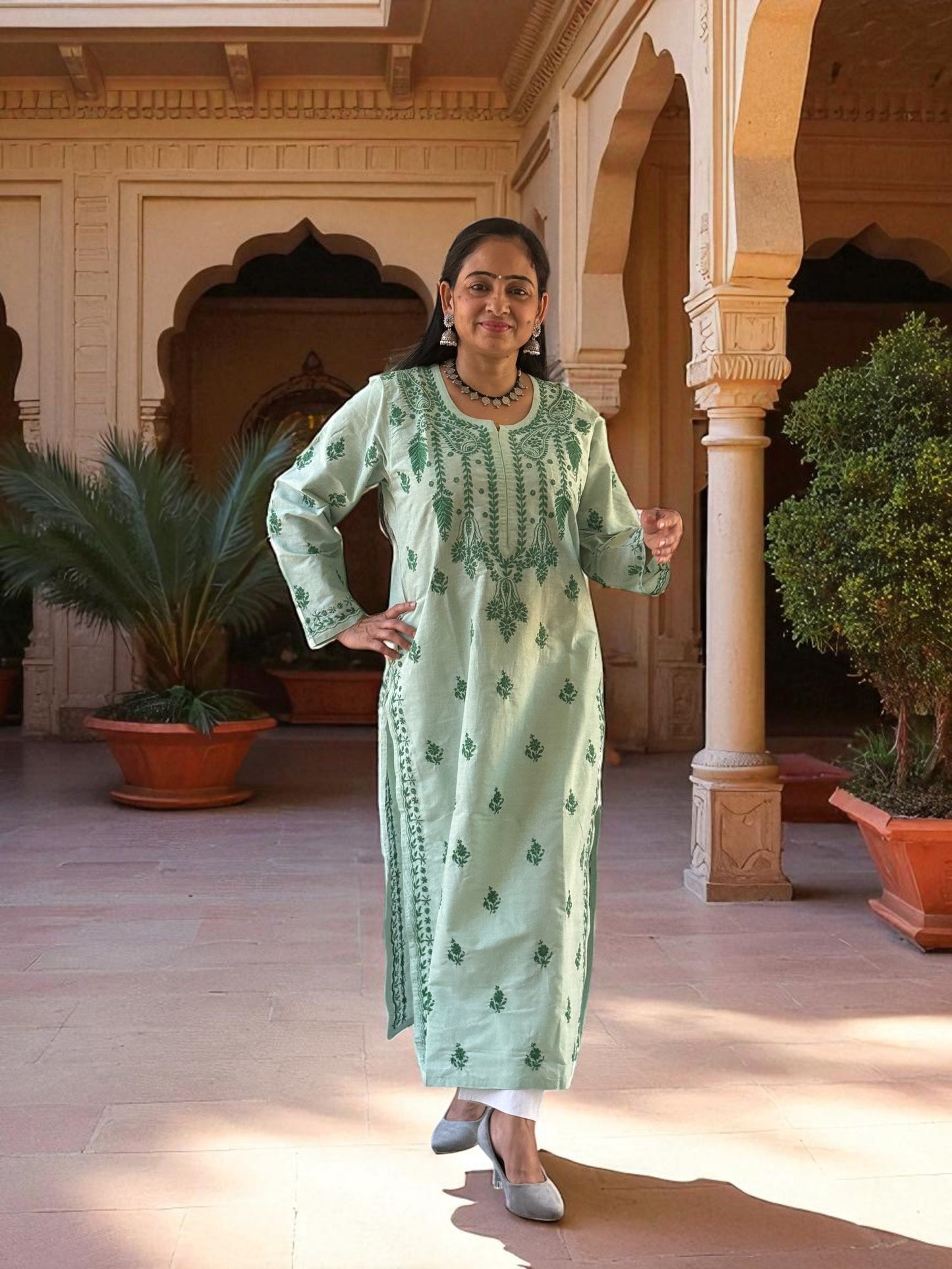 RAJASI PASTEL GREEN HAND-EMBROIDERED CHIKANKARI KURTA