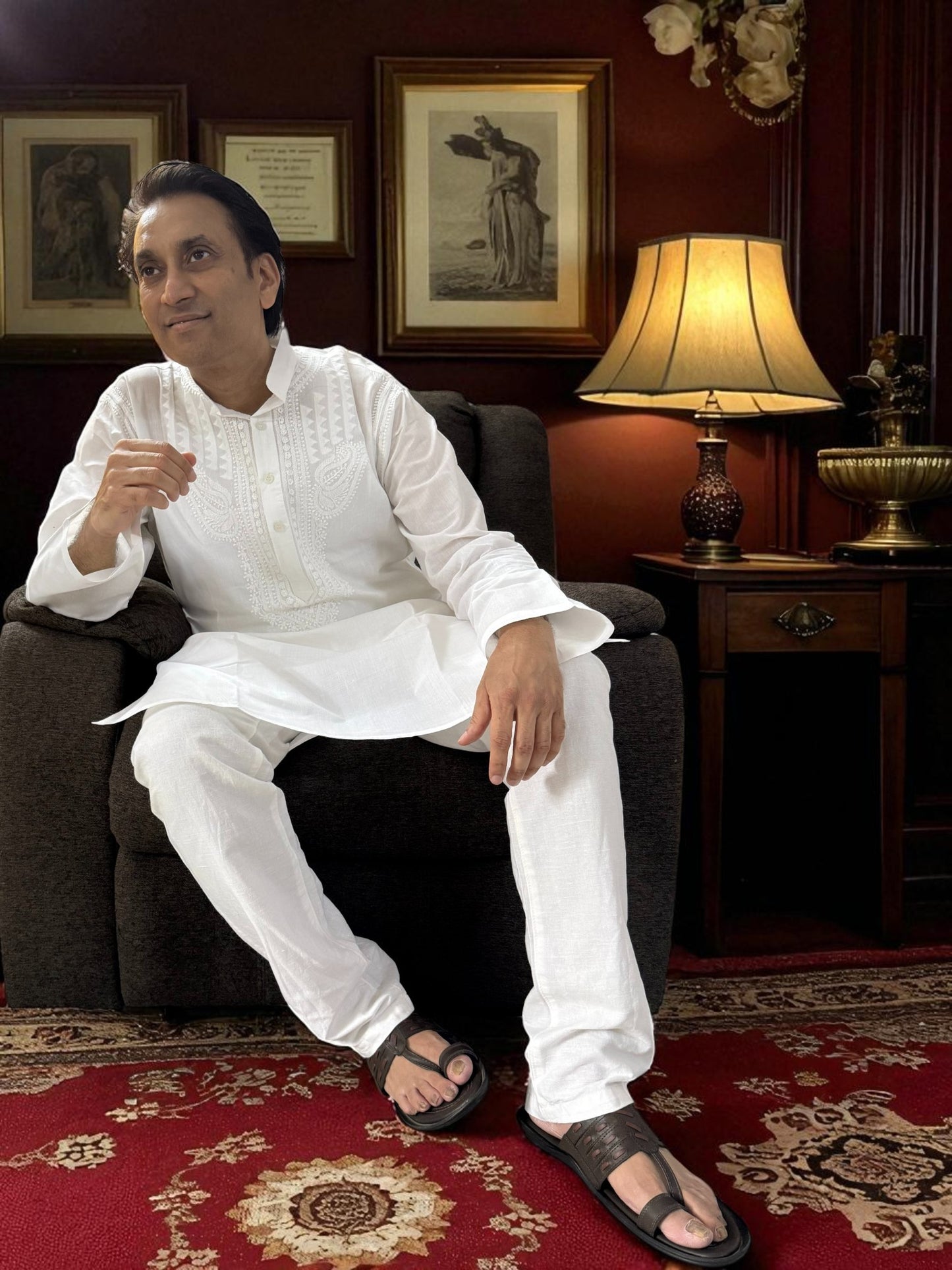 AUTHENTIC LUCKNOWI CHIKANKARI MEN’S KURTA IN PURE WHITE COTTON