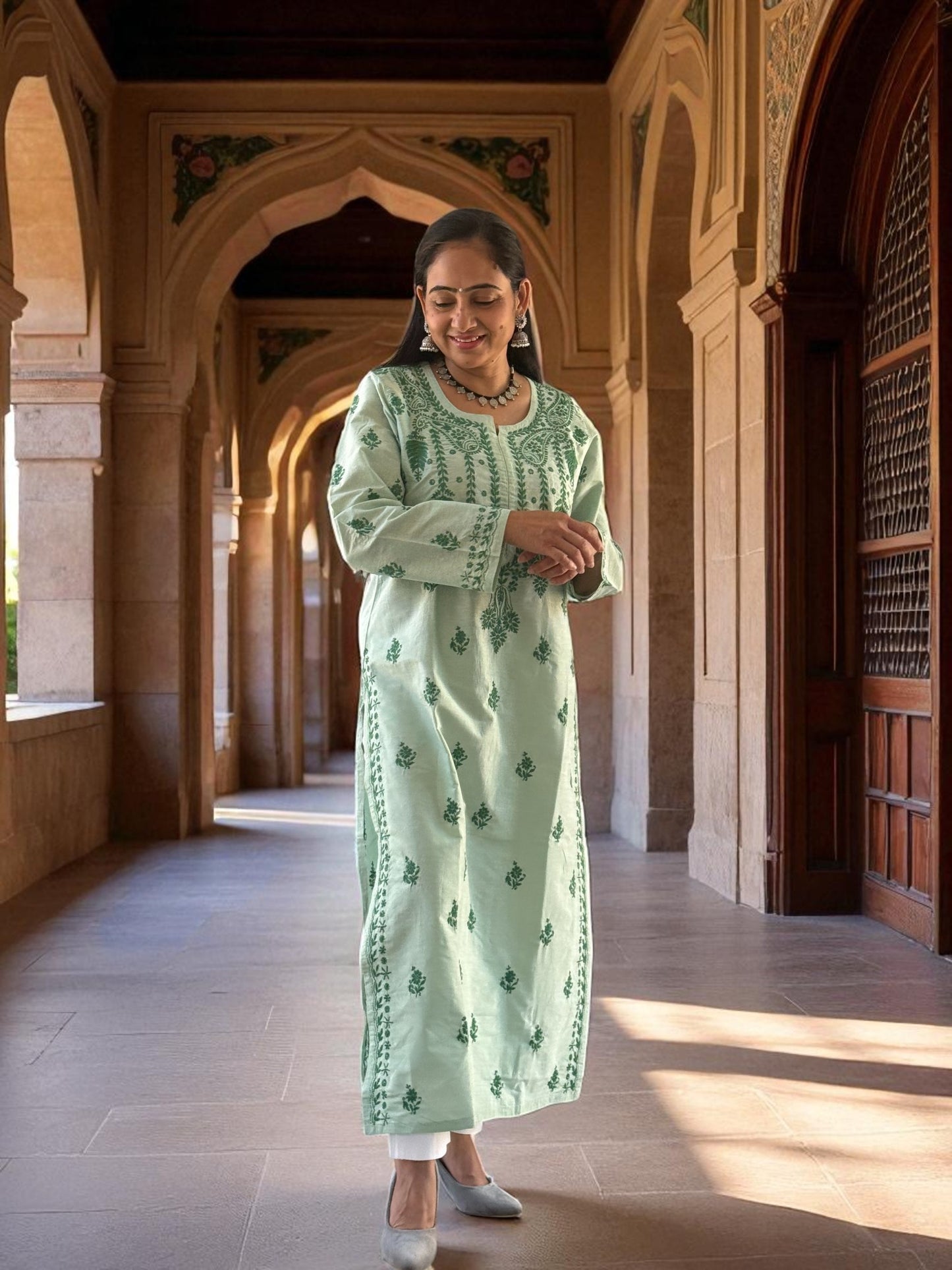 RAJASI PASTEL GREEN HAND-EMBROIDERED CHIKANKARI KURTA