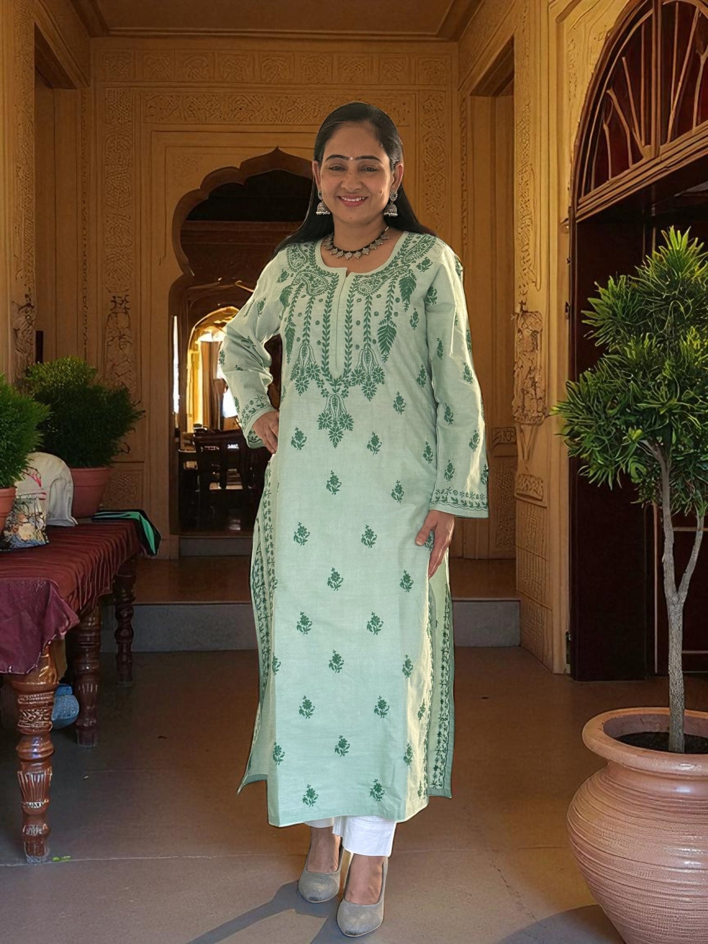 RAJASI PASTEL GREEN HAND-EMBROIDERED CHIKANKARI KURTA