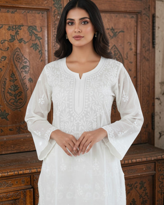 PURE CHANDERI COTTON  KURTI WITH HANDCRAFTED CHIKANKARI