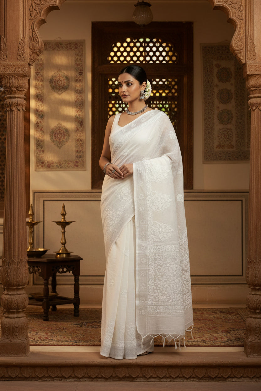 HANDCRAFTED CHANDERI COTTON CHIKANKARI SAREE