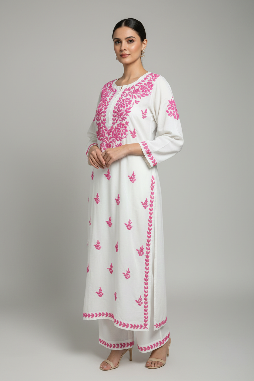 RAYON HAND-EMBROIDERED LUCKNOWI GHASPATTI CHIKANKARI KURTA