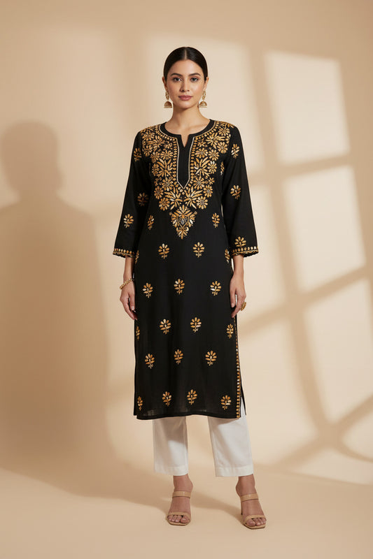 BLACK MODAL CHIKANKARI KURTI – WHITE THREAD HEAVY HANDWORK