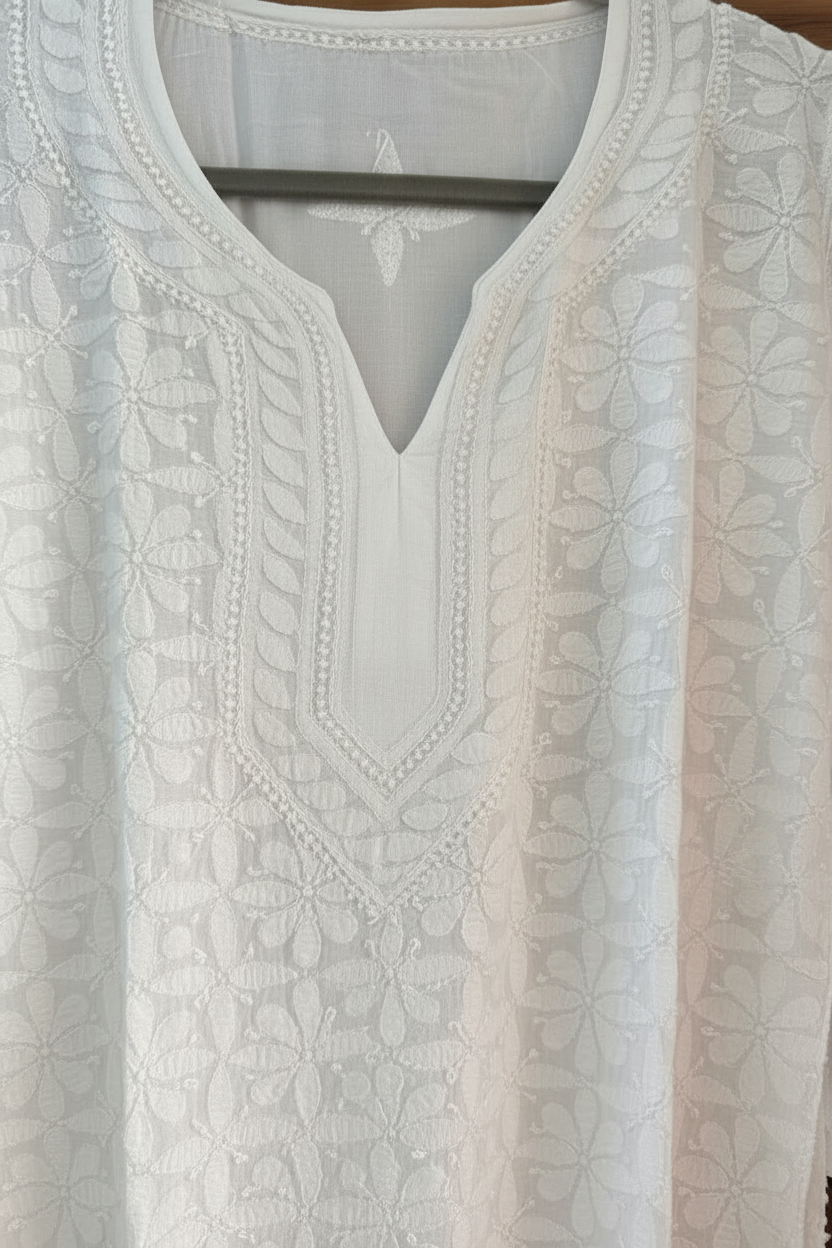 PURE WHITE PREMIUM MUSLIN COTTON CHIKANKARI  KURTA