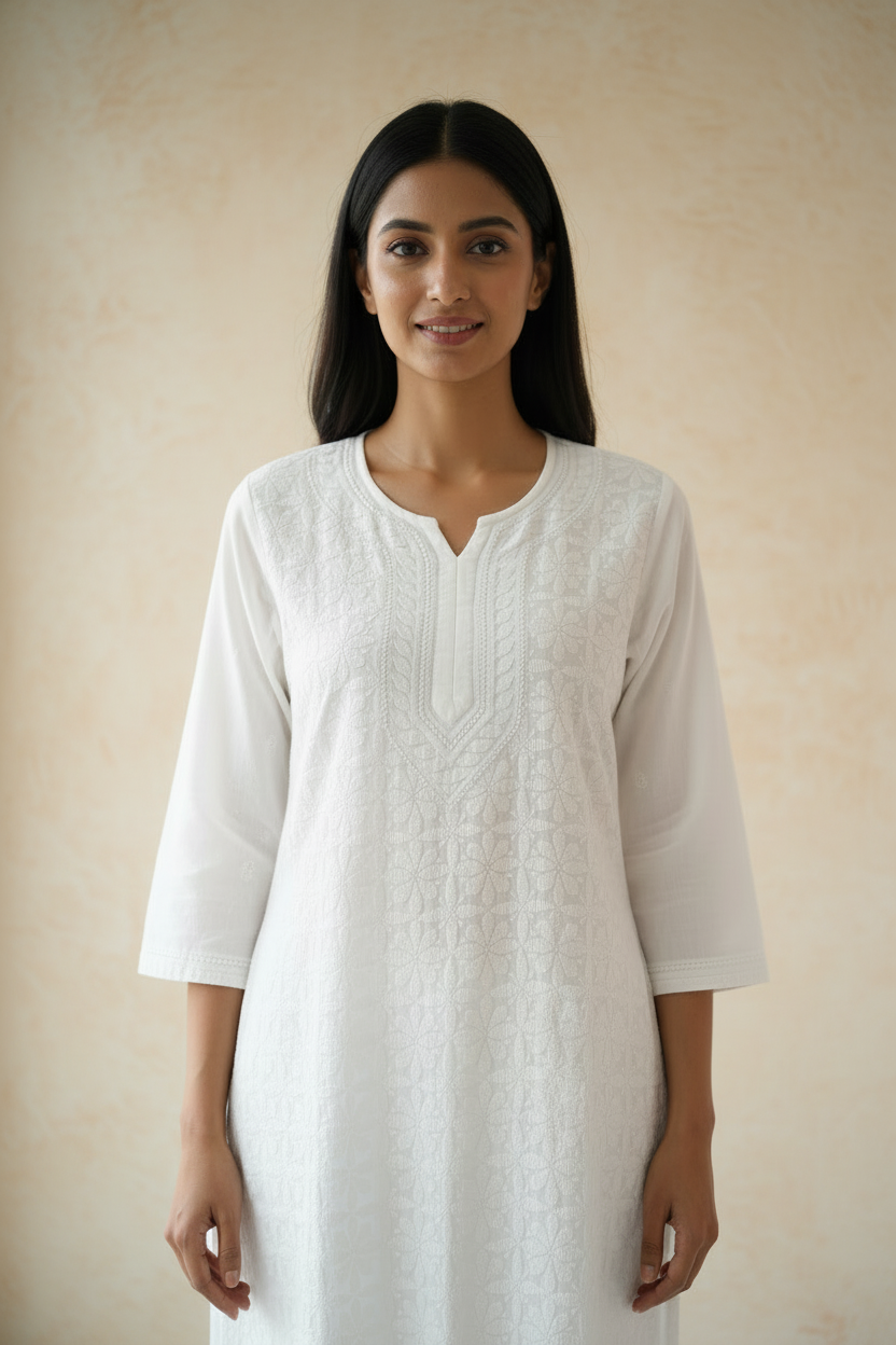 PURE WHITE PREMIUM MUSLIN COTTON CHIKANKARI  KURTA