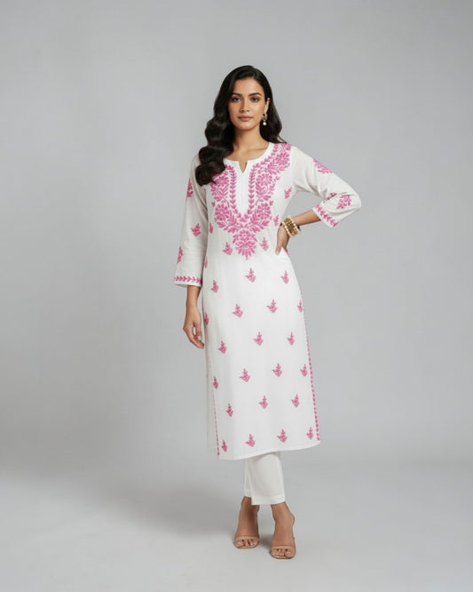 RAYON HAND-EMBROIDERED LUCKNOWI GHASPATTI CHIKANKARI KURTA