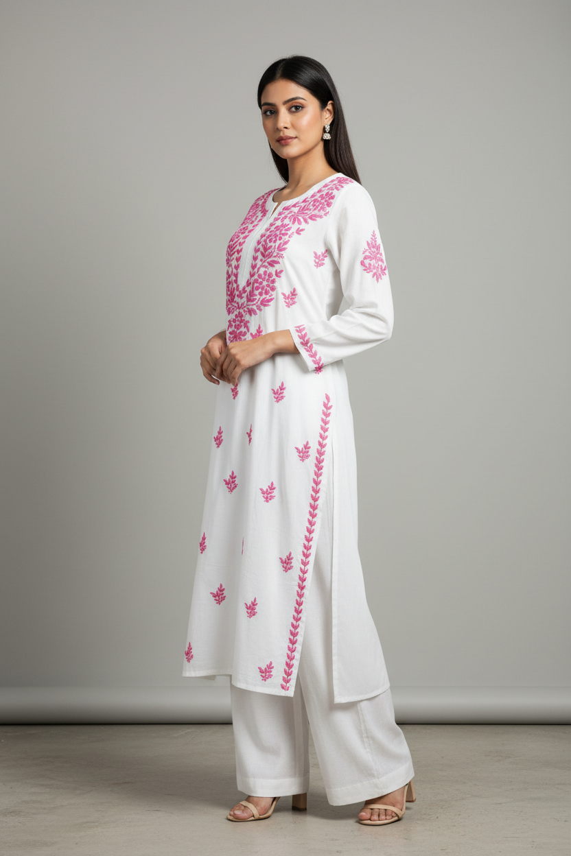 RAYON HAND-EMBROIDERED LUCKNOWI GHASPATTI CHIKANKARI KURTA