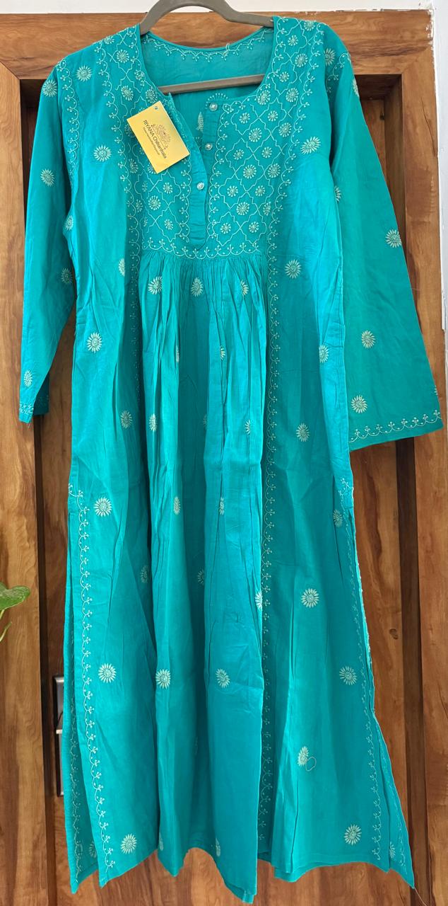 PURE COTTON CHIKANKARI ANARKALI KURTA – ROYAL BLUE & TURQUOISE GREEN