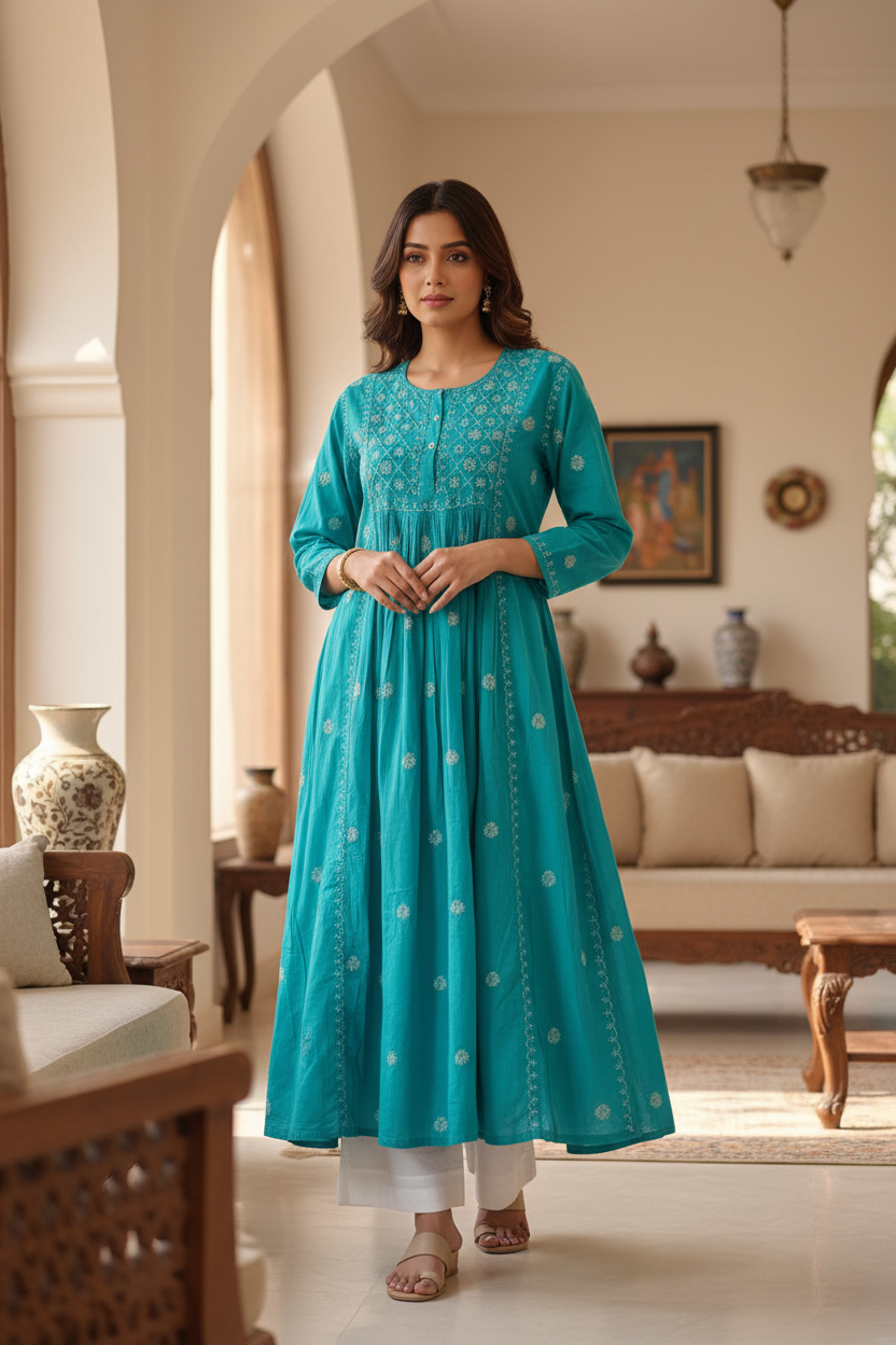 PURE COTTON CHIKANKARI ANARKALI KURTA – ROYAL BLUE & TURQUOISE GREEN