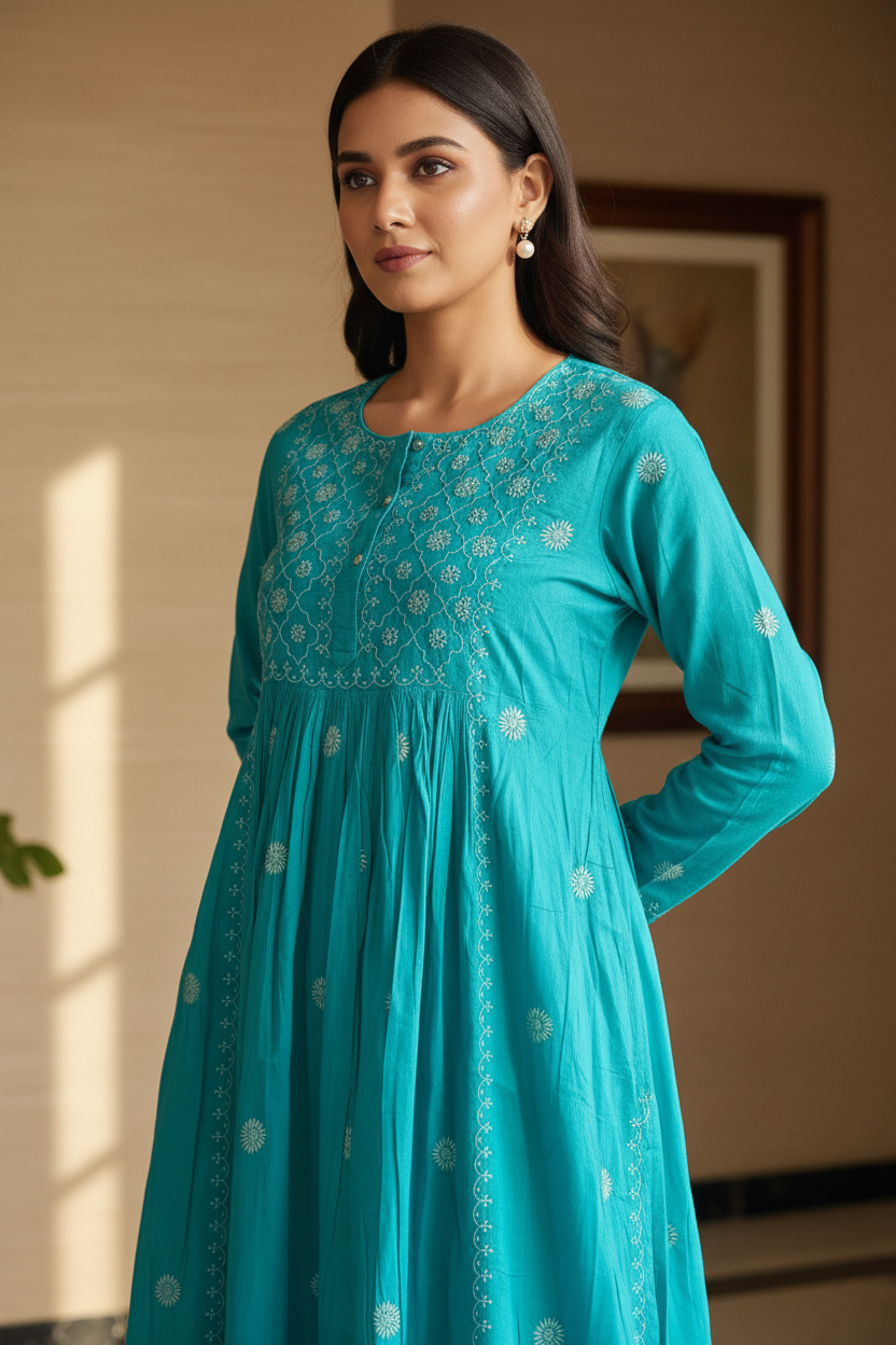 PURE COTTON CHIKANKARI ANARKALI KURTA – ROYAL BLUE & TURQUOISE GREEN