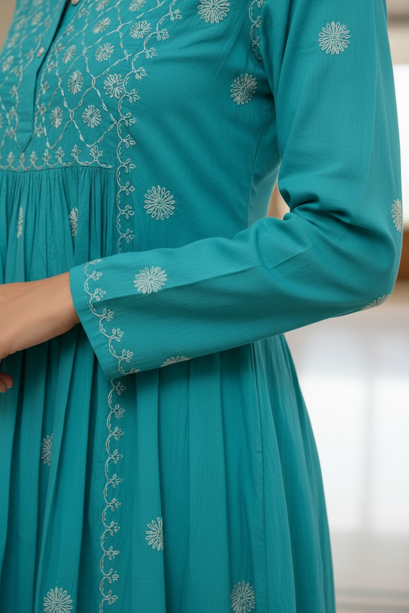 PURE COTTON CHIKANKARI ANARKALI KURTA – ROYAL BLUE & TURQUOISE GREEN