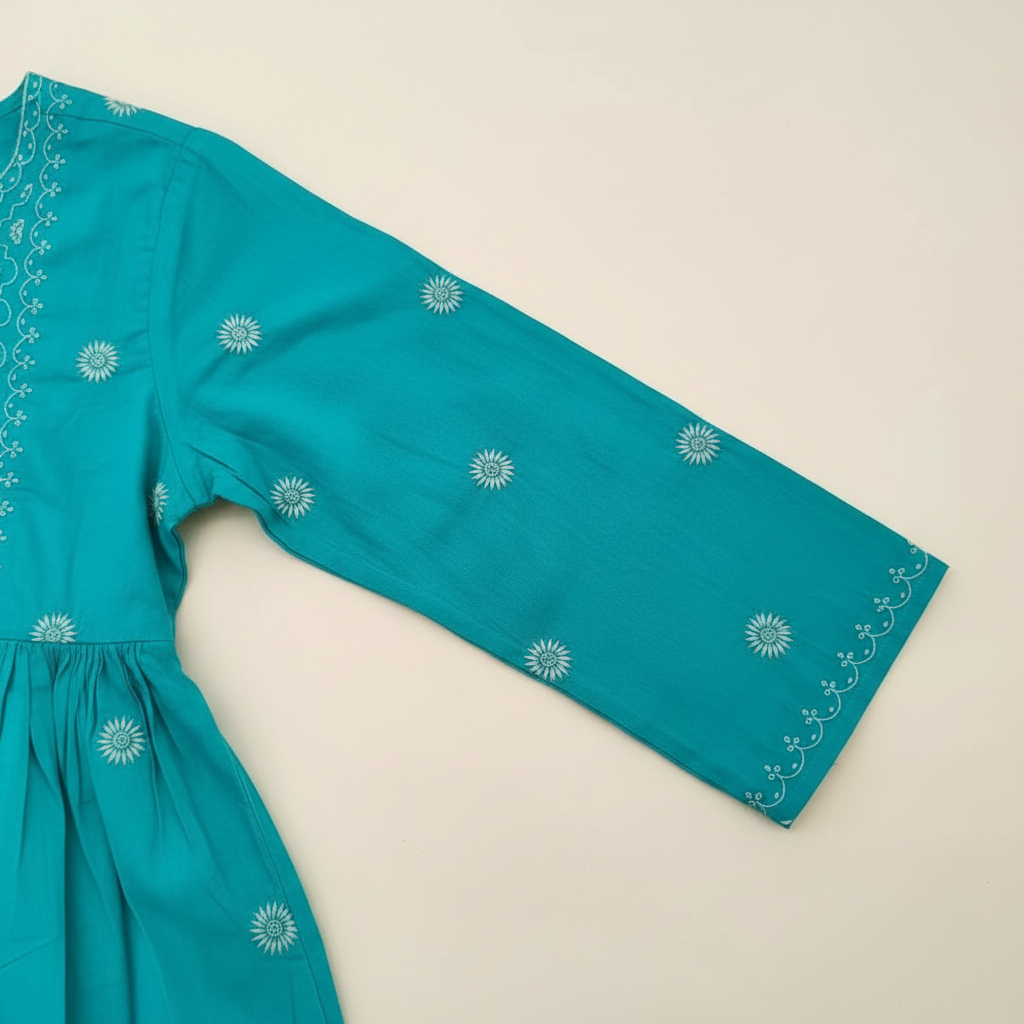 PURE COTTON CHIKANKARI ANARKALI KURTA – ROYAL BLUE & TURQUOISE GREEN
