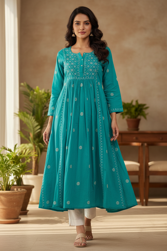 PURE COTTON CHIKANKARI ANARKALI KURTA – ROYAL BLUE & TURQUOISE GREEN