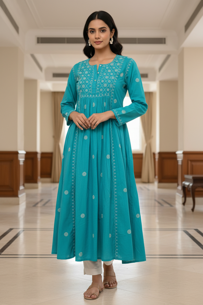 PURE COTTON CHIKANKARI ANARKALI KURTA – ROYAL BLUE & TURQUOISE GREEN