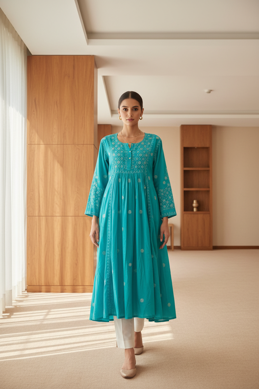 PURE COTTON CHIKANKARI ANARKALI KURTA – ROYAL BLUE & TURQUOISE GREEN