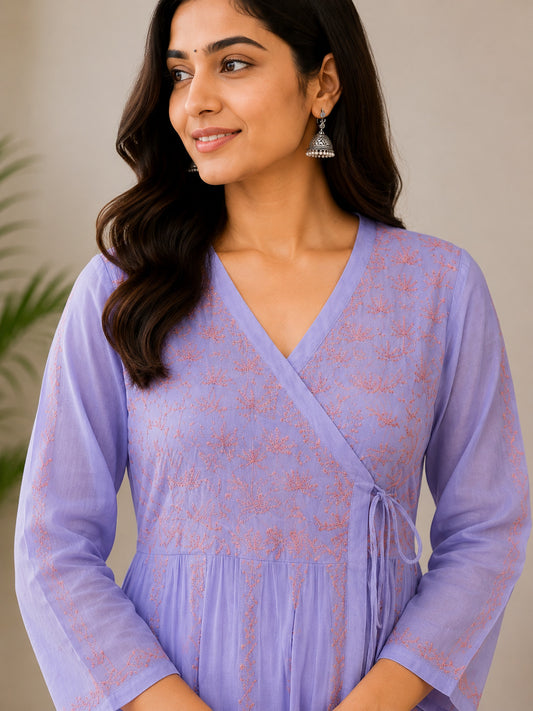 NAZAKAT ANARKALI ANGRAKHA - PURE VOILE COTTON LUCKNOWI CHIKANKARI