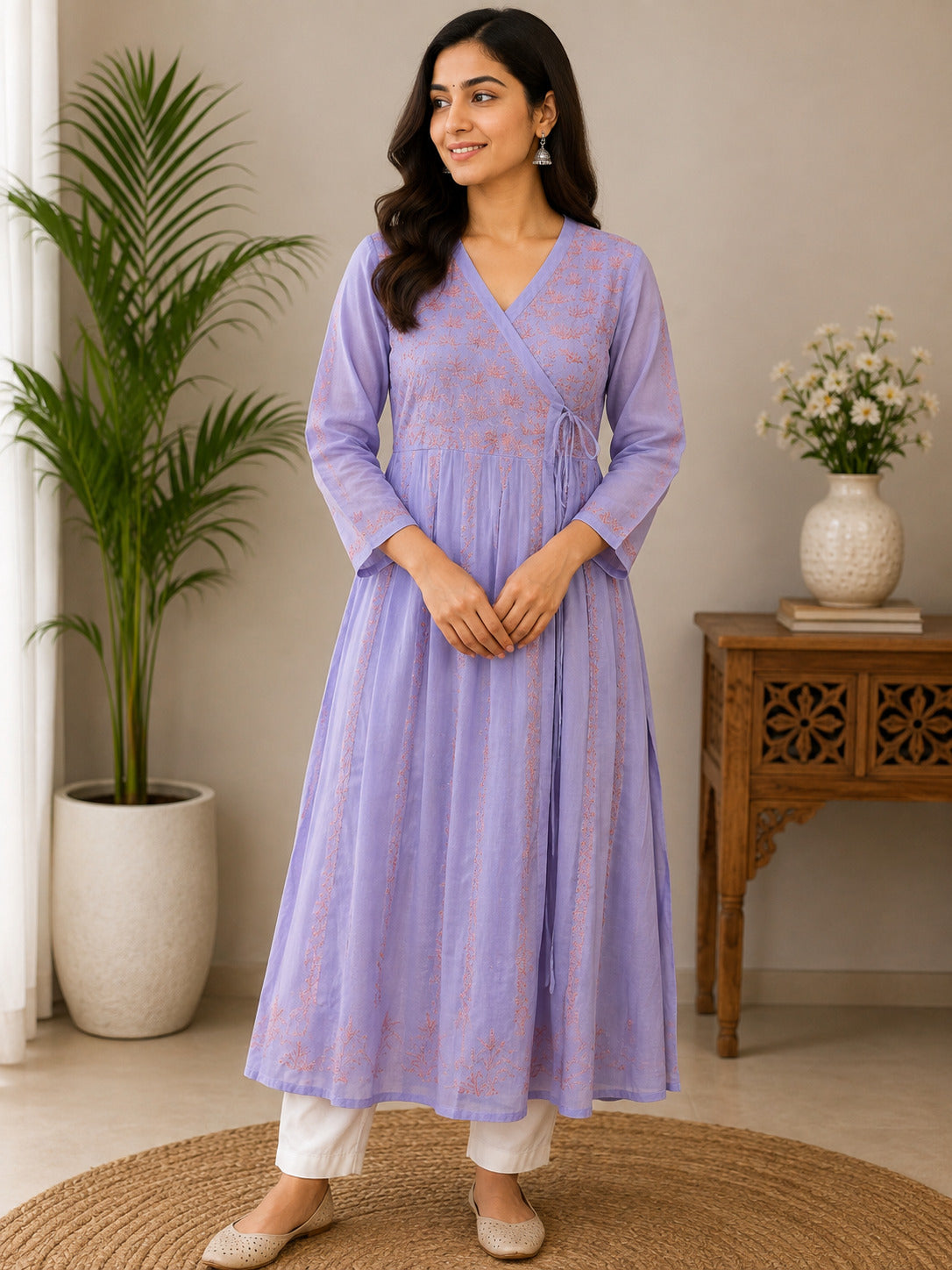 NAZAKAT ANARKALI ANGRAKHA - PURE VOILE COTTON LUCKNOWI CHIKANKARI