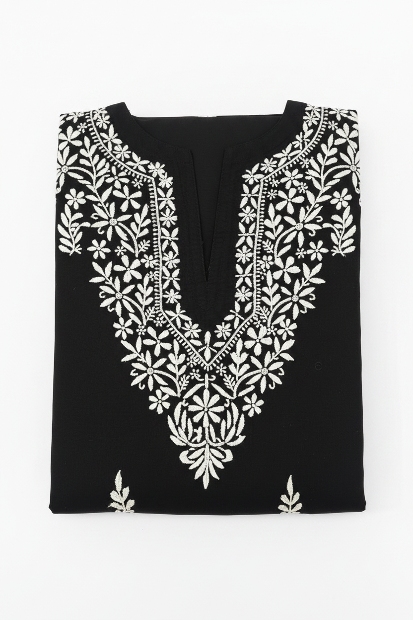 BLACK MODAL CHIKANKARI KURTI – WHITE THREAD HEAVY HANDWORK