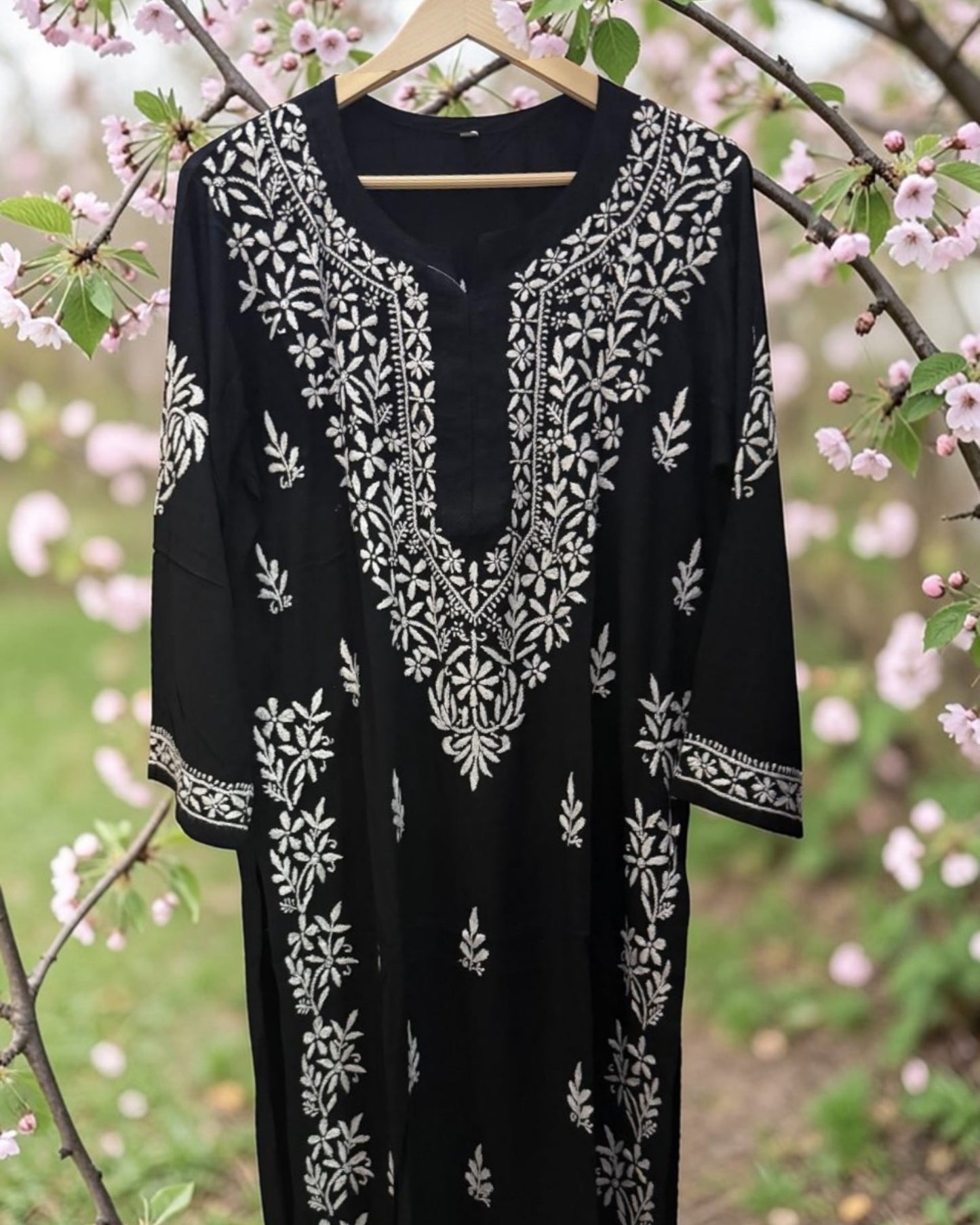 BLACK MODAL CHIKANKARI KURTI – WHITE THREAD HEAVY HANDWORK