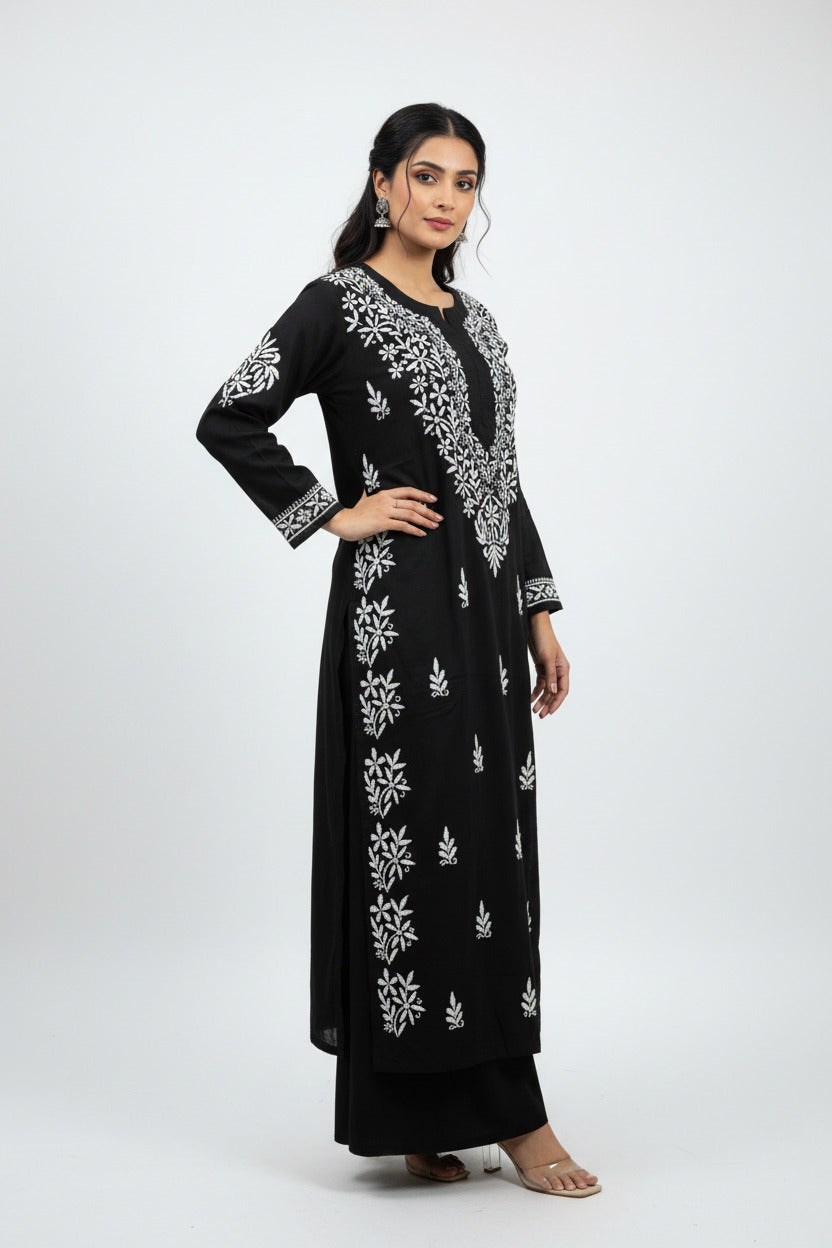 BLACK MODAL CHIKANKARI KURTI – WHITE THREAD HEAVY HANDWORK