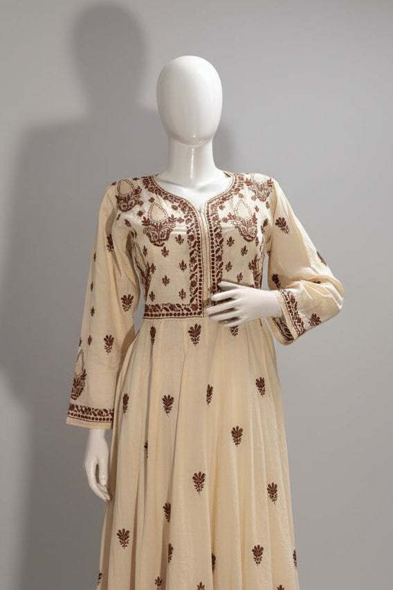 PREMIUM CHANDERI COTTON ANARKALI NOORI -COFFEE CREAM