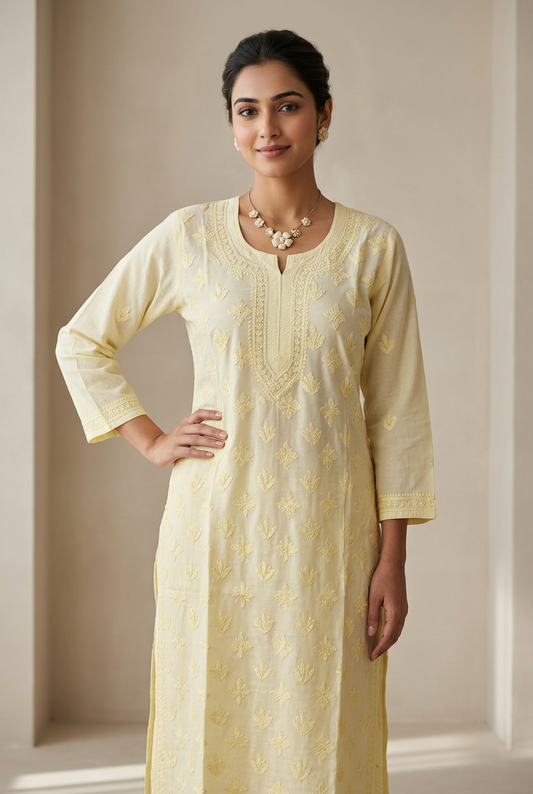 Woman wearing a light-colored traditional outfit with floral patterns indoors.