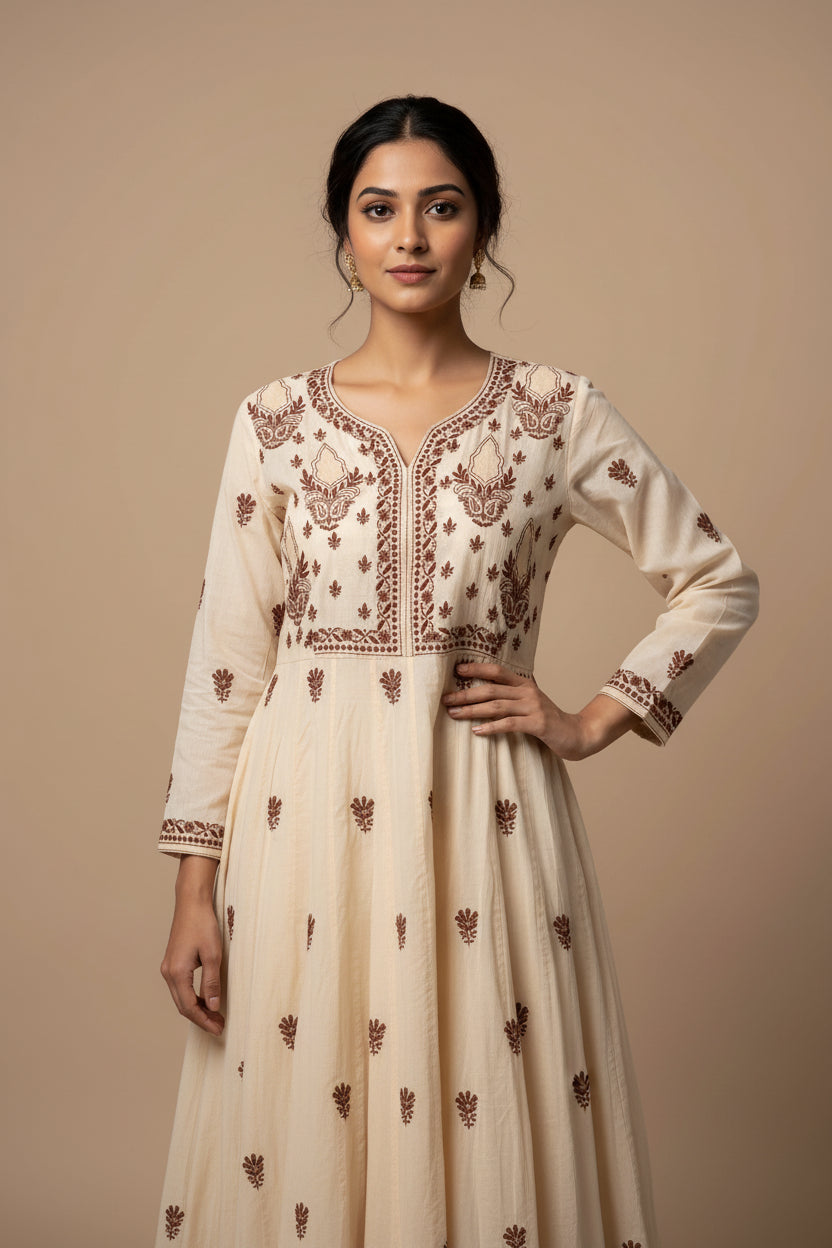 PREMIUM CHANDERI COTTON ANARKALI NOORI -COFFEE CREAM