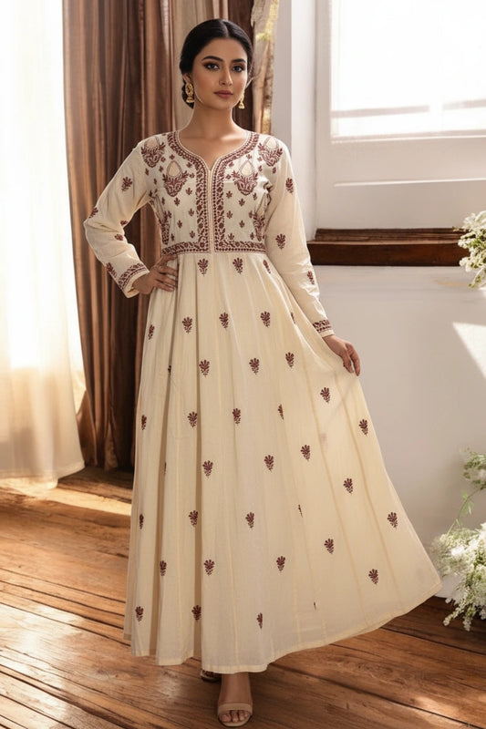 PREMIUM CHANDERI COTTON ANARKALI NOORI -COFFEE CREAM