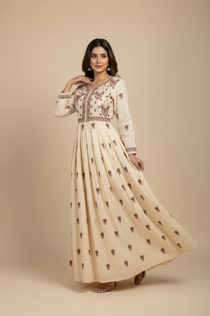 PREMIUM CHANDERI COTTON ANARKALI NOORI -COFFEE CREAM