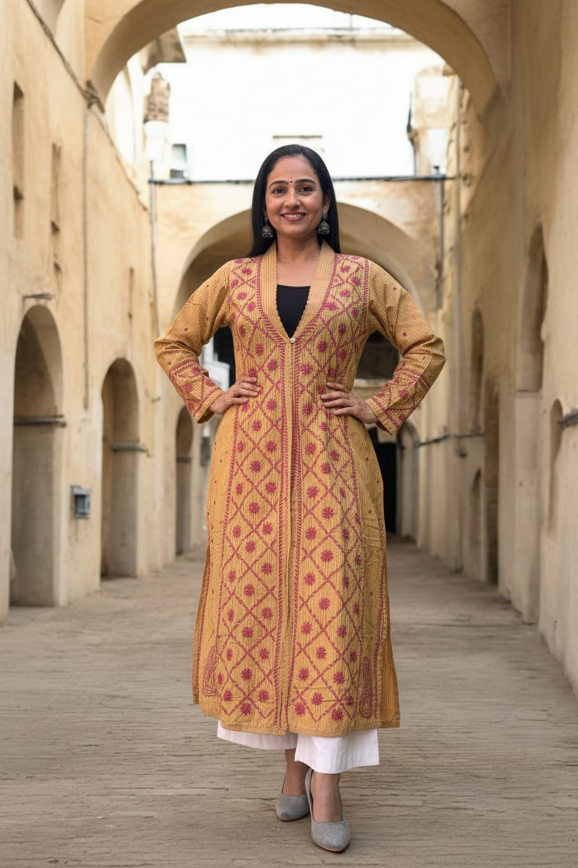 Exclusive Brown Long Noori Jacket | Handcrafted Chikankari Embroidery