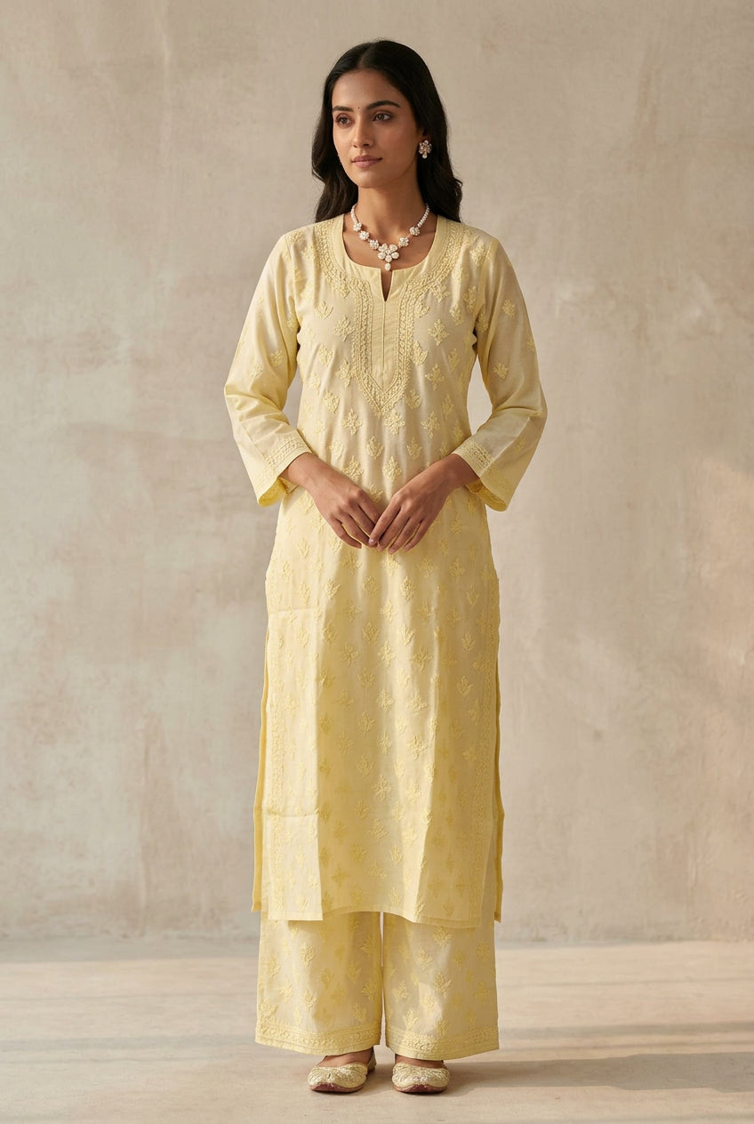 PASTEL YELLOW CHANDERI COTTON CHIKANKARI SUIT – TWO PIECE KURTA & PALAZZO SET