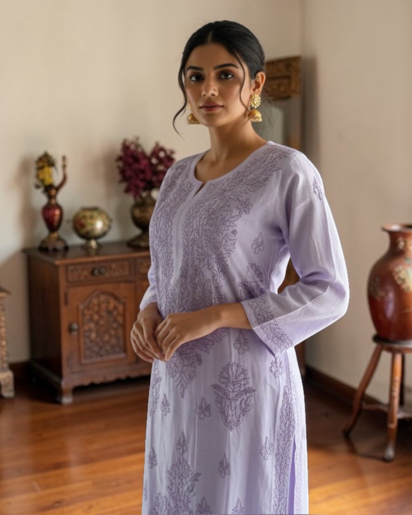 PASTEL CHANDERI COTTON SHADOW WORK CHIKANKARI KURTI (PLUS SIZE)