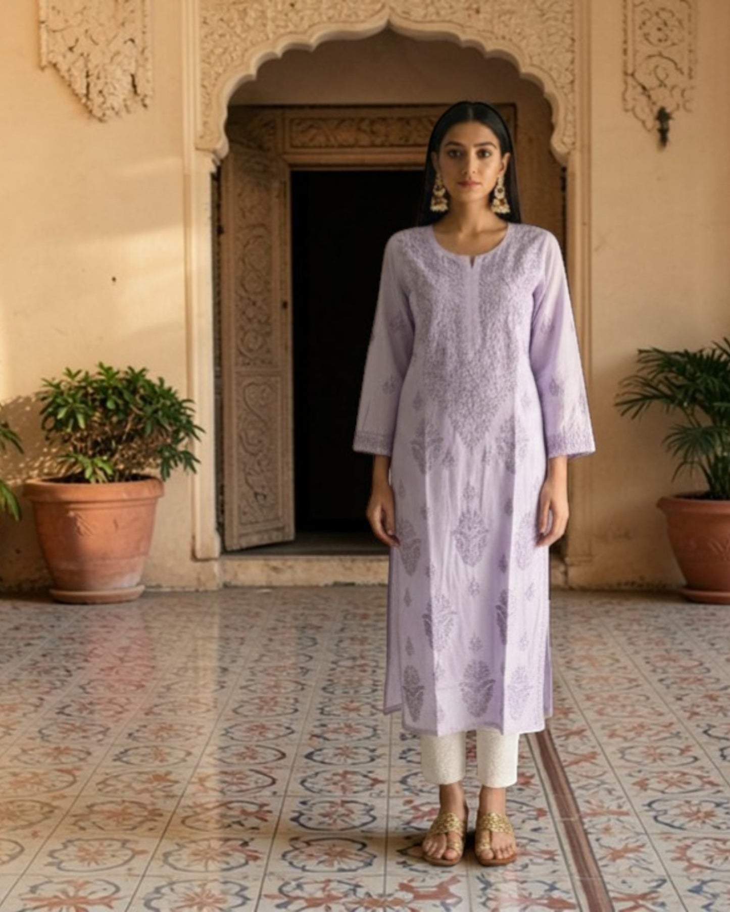 PASTEL CHANDERI COTTON SHADOW WORK CHIKANKARI KURTI (PLUS SIZE)