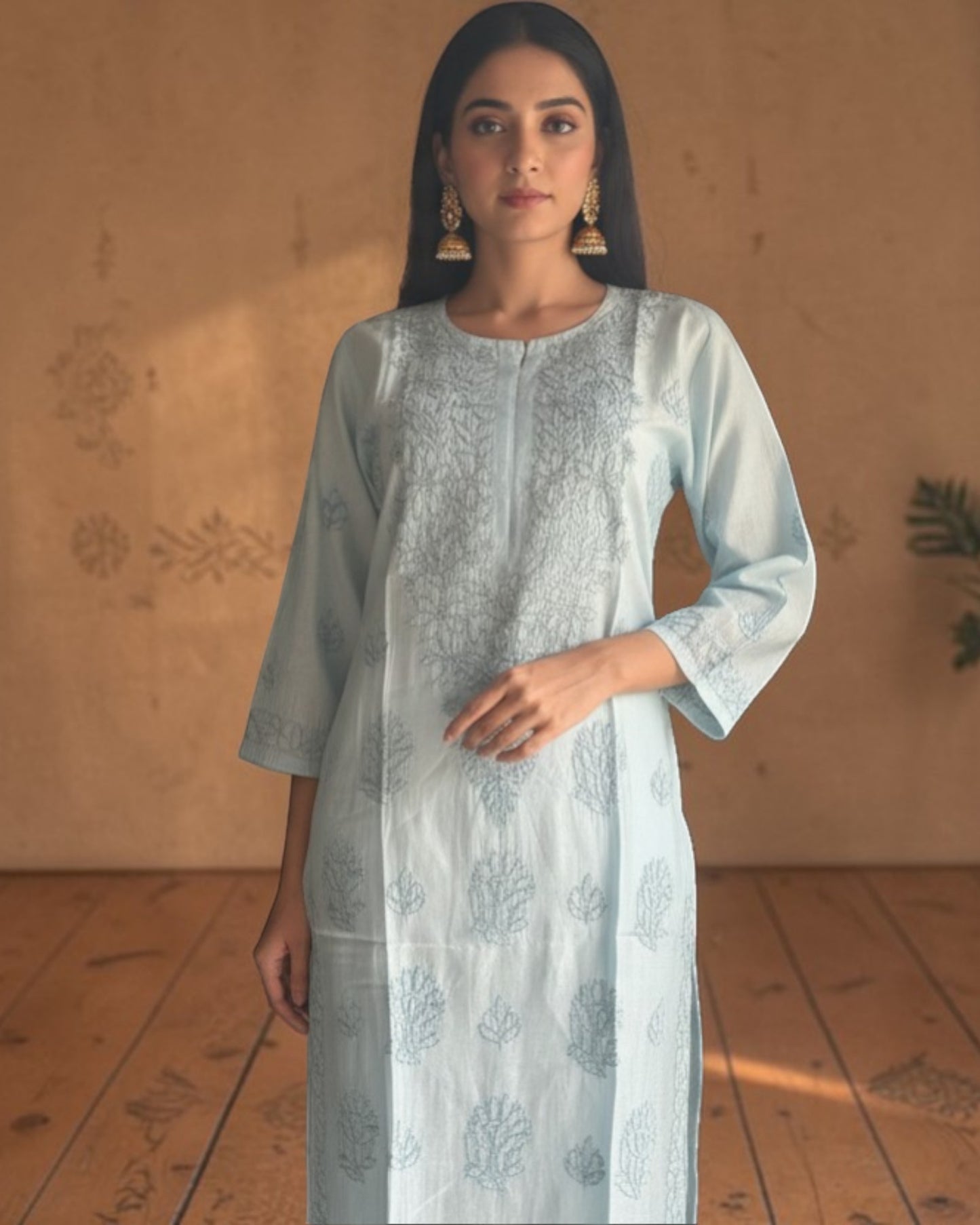 PASTEL CHANDERI COTTON SHADOW WORK CHIKANKARI KURTI (PLUS SIZE)