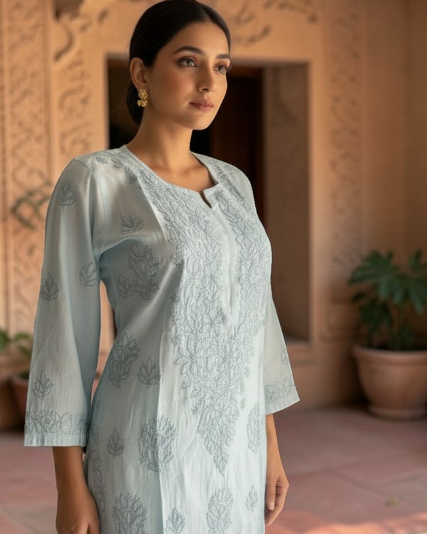 PASTEL CHANDERI COTTON SHADOW WORK CHIKANKARI KURTI (PLUS SIZE)