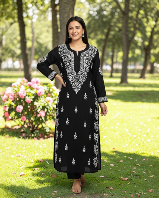 BLACK MODAL CHIKANKARI KURTI – WHITE THREAD HEAVY HANDWORK