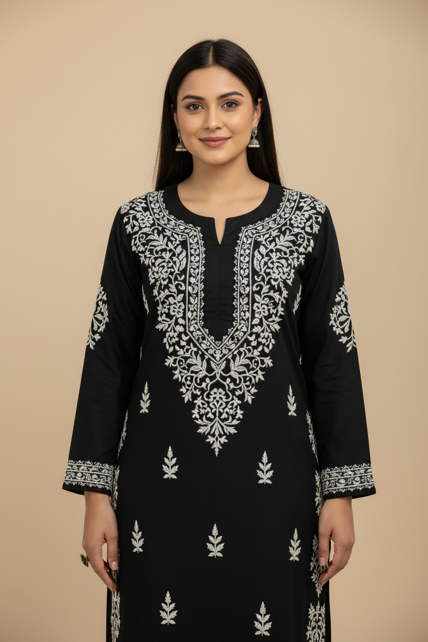 BLACK CHIKANKARI KURTA WITH WHITE THREAD HEAVY HANDWORK