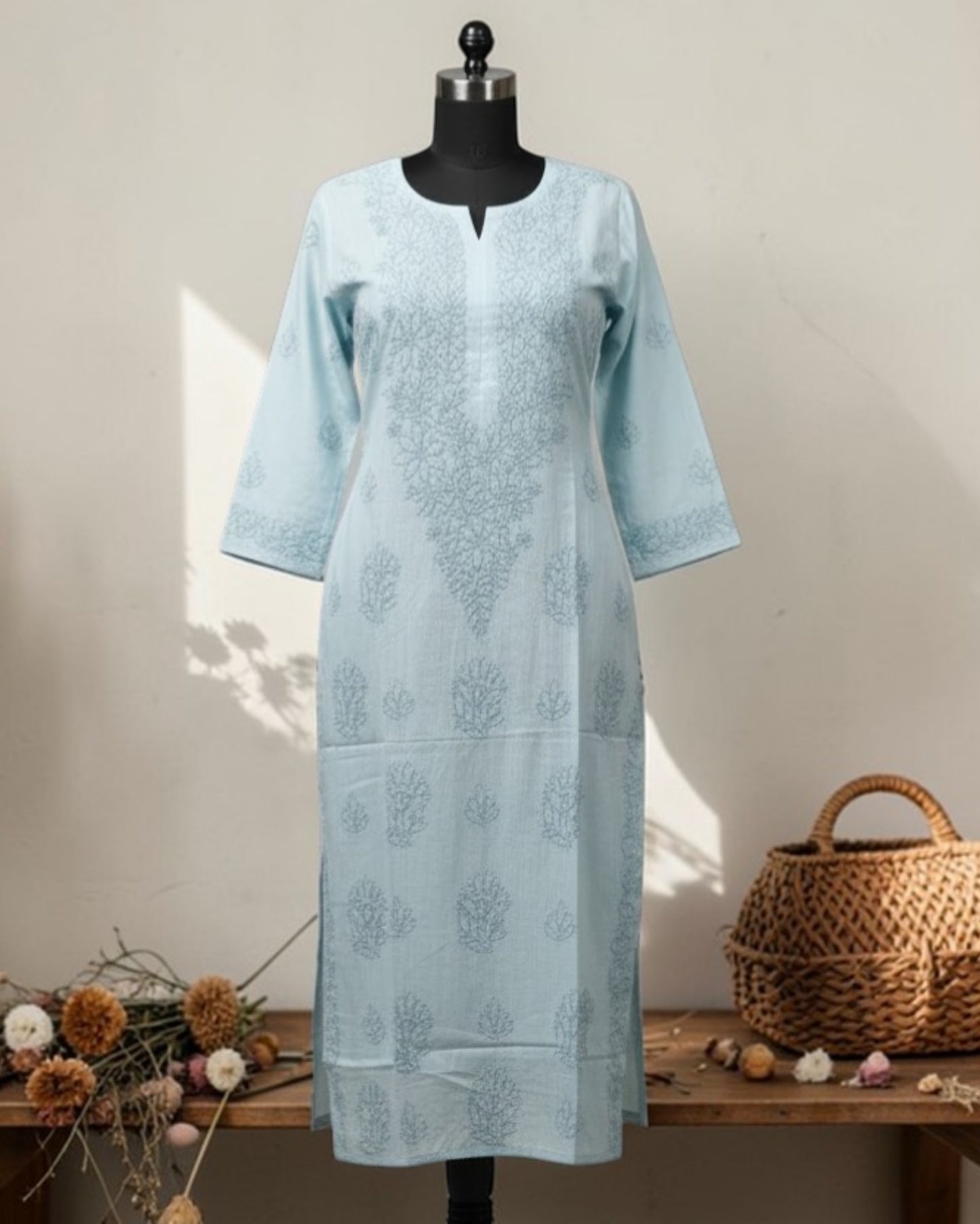 PASTEL CHANDERI COTTON SHADOW WORK CHIKANKARI KURTI (PLUS SIZE)