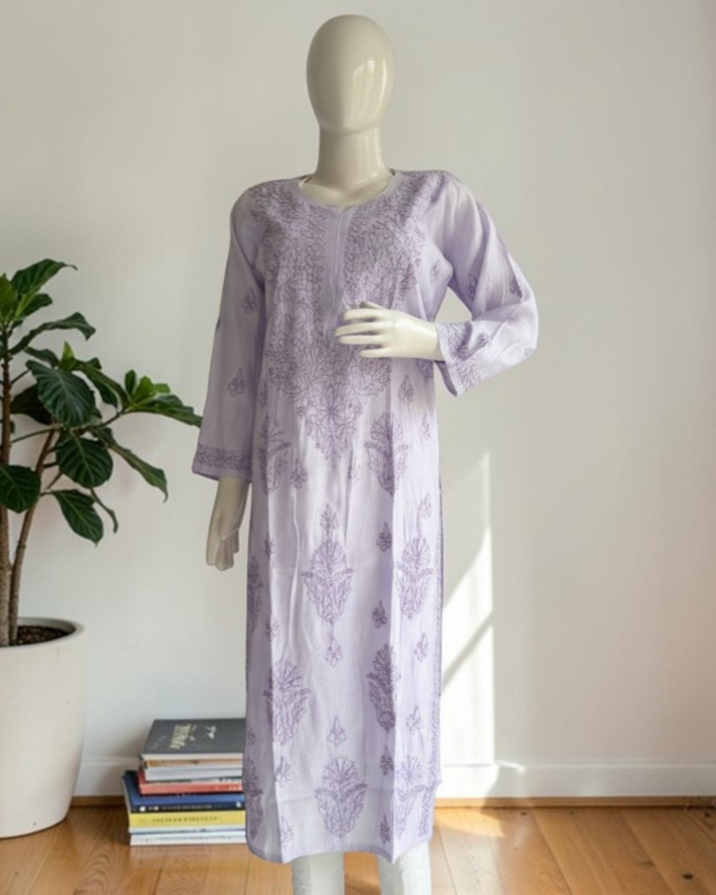 PASTEL CHANDERI COTTON SHADOW WORK CHIKANKARI KURTI (PLUS SIZE)