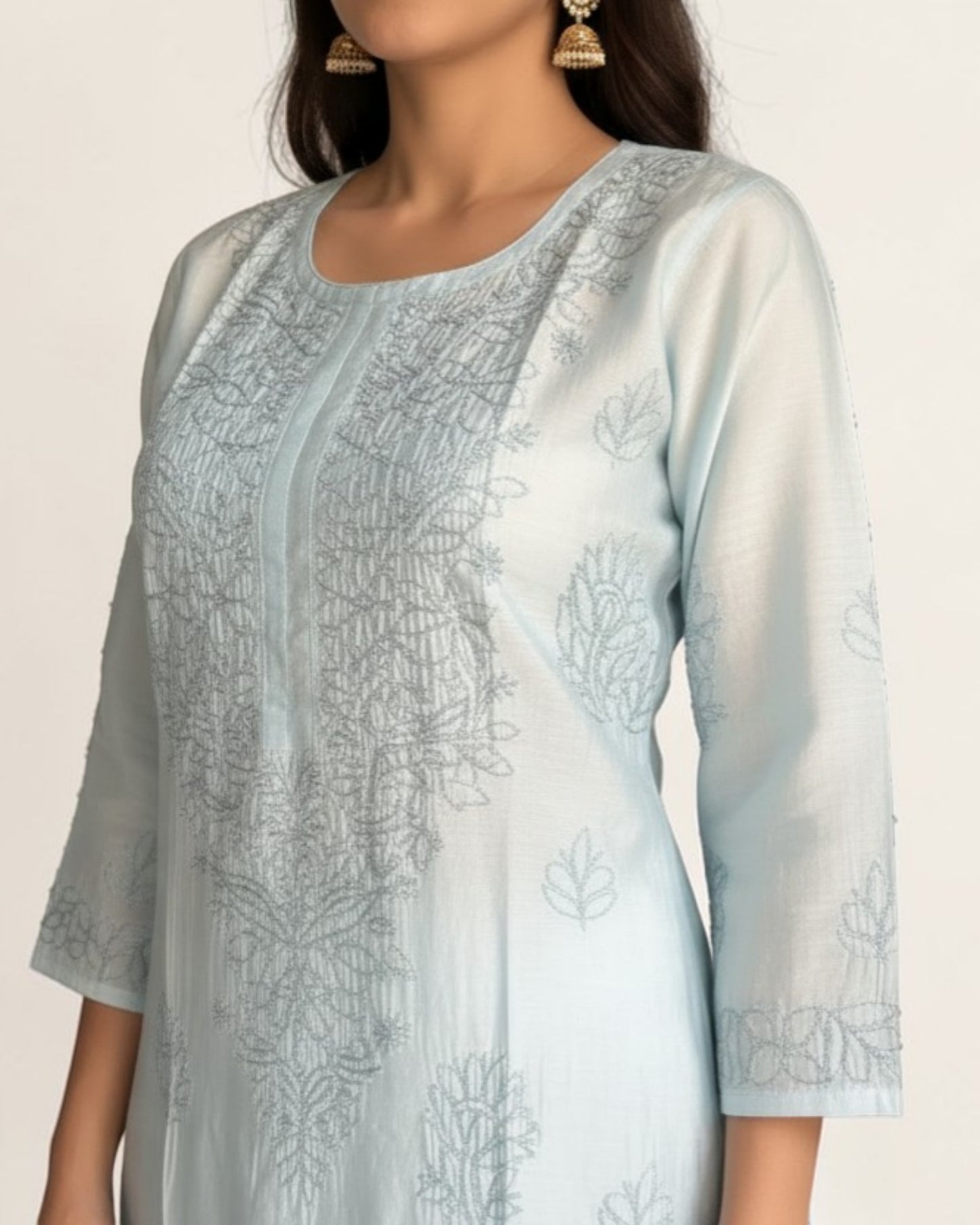 PASTEL CHANDERI COTTON SHADOW WORK CHIKANKARI KURTI (PLUS SIZE)