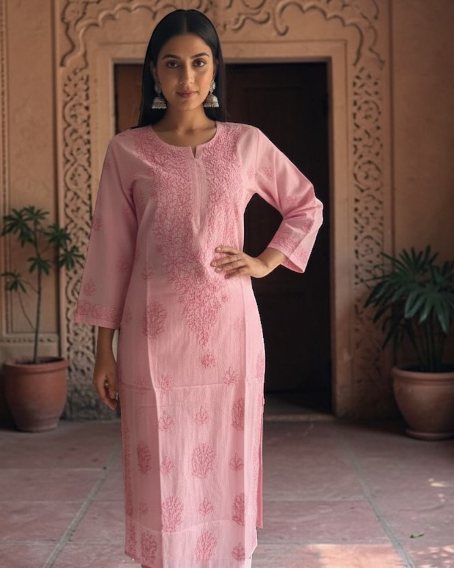 PASTEL CHANDERI COTTON SHADOW WORK CHIKANKARI KURTI (PLUS SIZE)