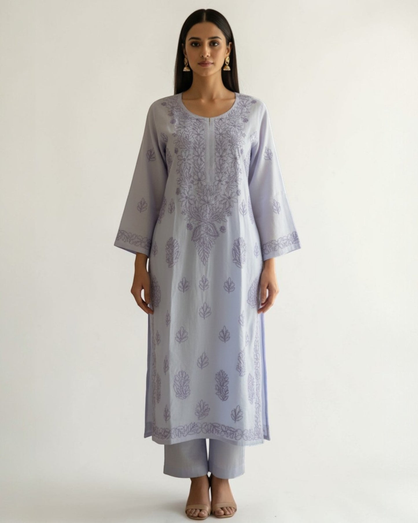 PASTEL CHANDERI COTTON SHADOW WORK CHIKANKARI KURTI (PLUS SIZE)