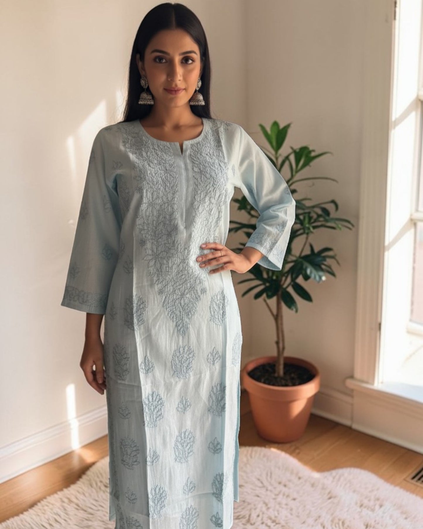 PASTEL CHANDERI COTTON SHADOW WORK CHIKANKARI KURTI (PLUS SIZE)